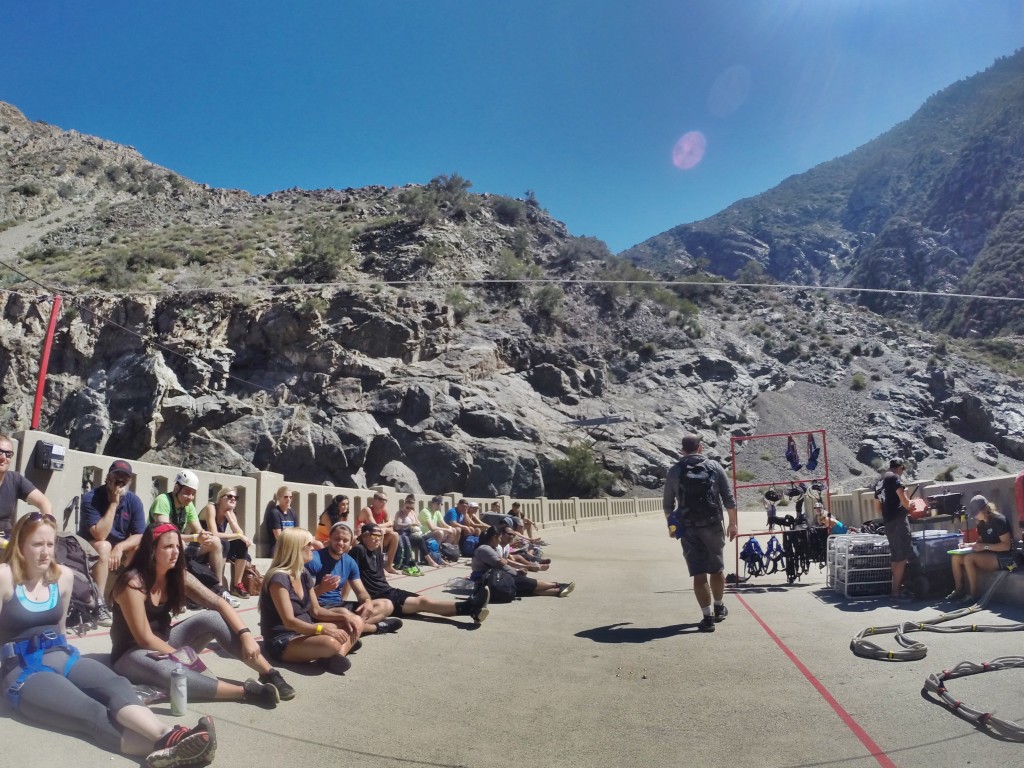 Bungee jumpers getting their safety briefing. 