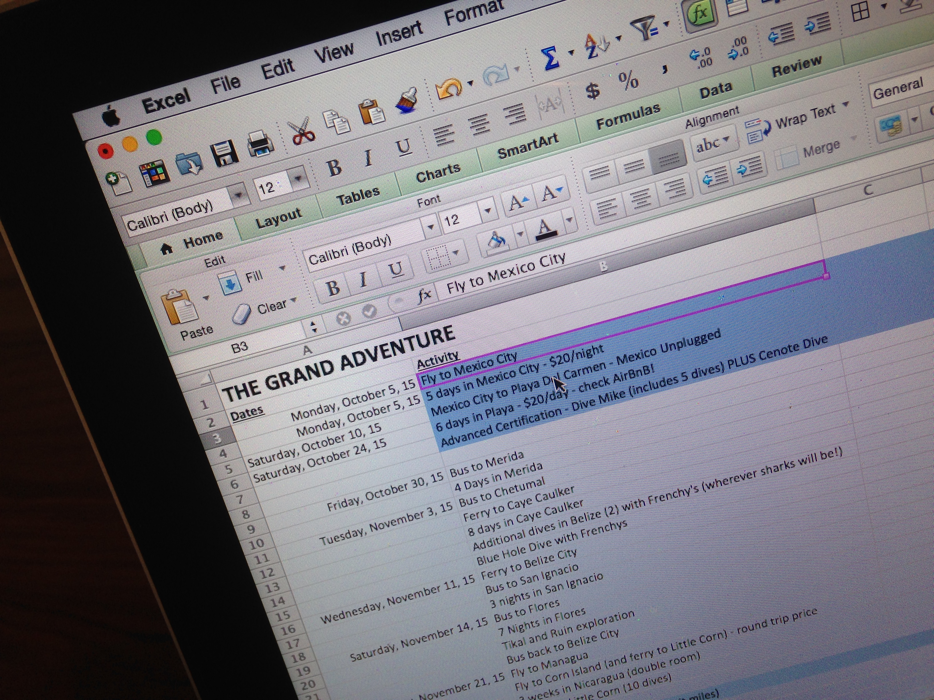 A peek at my mega trip planning spreadsheet. I'm an Excel fanatic, I'm not ashamed.