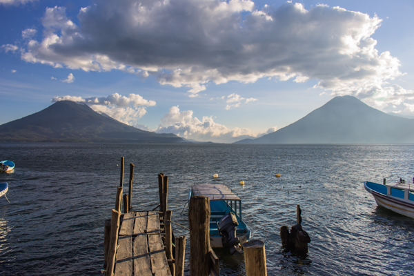 Volcanoes looming over the lake. 