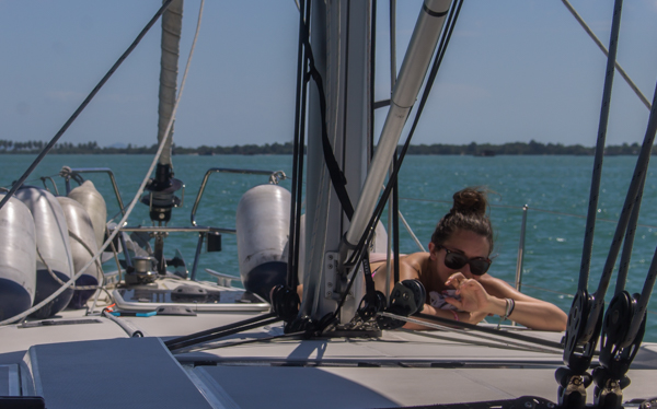 Kate trying to catch some Zs on the boat. 
