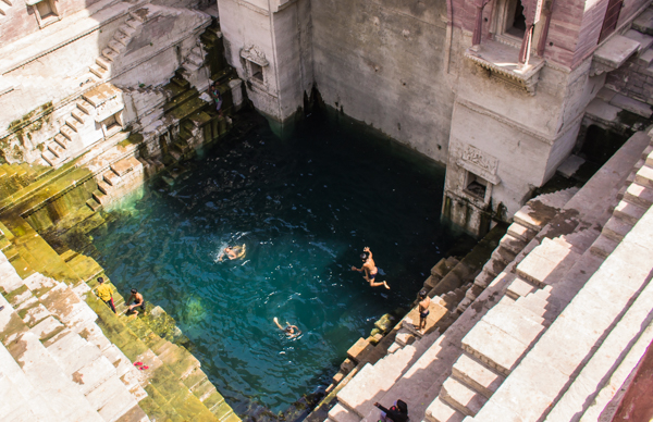 Kids playing in a stepwell, giant water wells that were built centuries ago. These cool architectural feats can be found all over India, but especially here in the desert. 